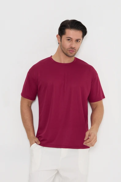 Moda Işık Spor T-shirt Erkek Bordo Renk Baskılı Yuvarlak Yaka - Resim 5
