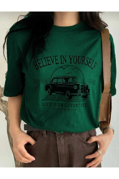 KOZİA OUTDOORS belıeve ın yourself baskılı oversize basic unisex tişört - Resim 3