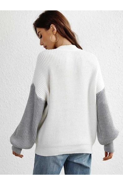 Malerind Kolu Renkli Selanik Örgü Oversize Beyaz Kadın Kazak Bluz - Resim 3