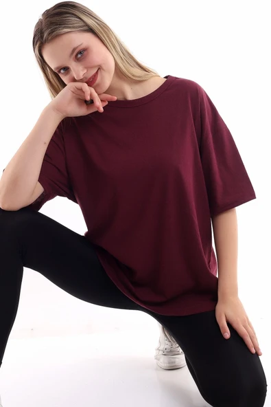 JAKARLI Unisex Pamuk Bisiklet Yaka Bordo Boyfriend Örme Oversize T-shirt ürün görseli