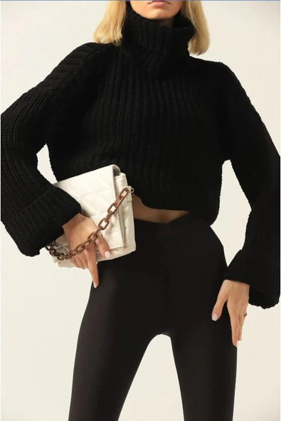 Stories Dier Moda Kadın Gri Balıkçı Yaka Crop Triko Kazak - Resim 3