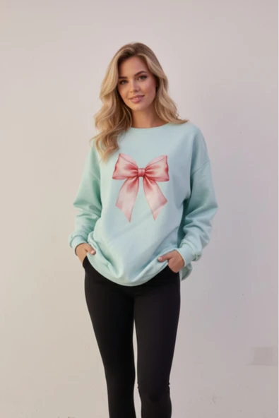 KOZİA OUTDOORS bisiklet yaka kadın fiyonk figürlü kadın oversize sweatshrt ürün görseli