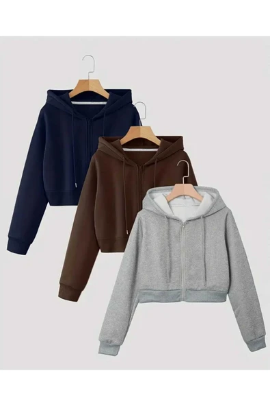 blackbonds Kapşonlu Fermuarlı Crop Hırka 3lü 3 İplik Şardonlu - Resim 7