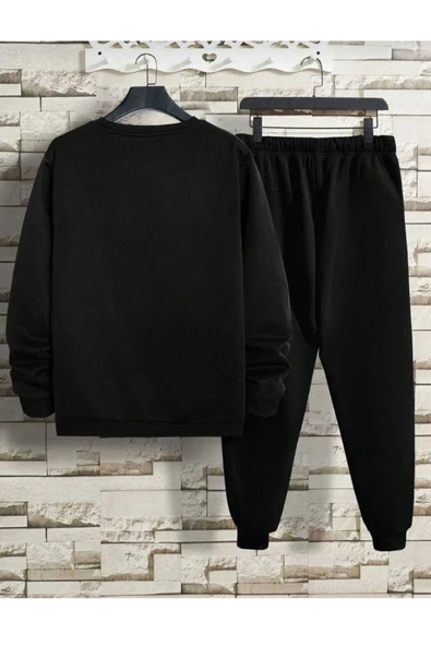 KOZİA OUTDOORS MALKOCBEY Basic Düz Eşofman Takımı Sweatshirt Jogger - Siyah Oversize Şardonlu Bisiklet Yaka - Resim 2