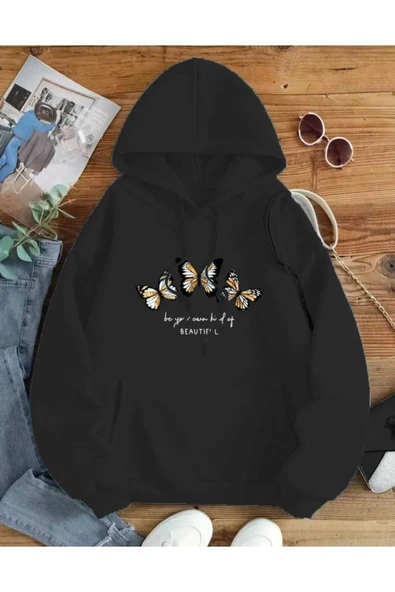 KOZİA OUTDOORS malkoçbey beautıful 3 kelebek baskılı kapüşonlu sweatşhirt - Resim 7
