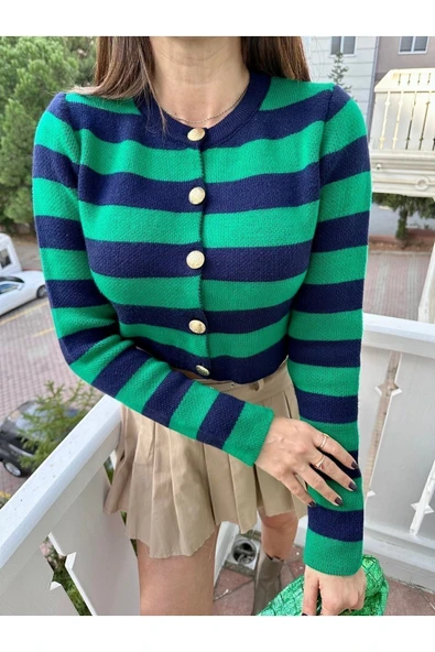 Bolesa Suadiye Triko Şeritli Kısa Hırka - Resim 7