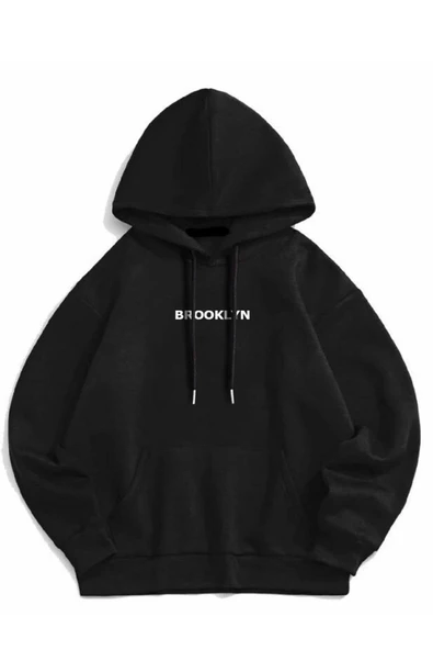 LEONE Siyah Broklyn Baskılı Oversize Kapüşonlu Swetshirt ürün görseli