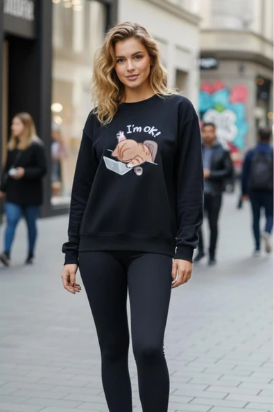 KOZİA OUTDOORS I'M OK ! baskılı oversize kadın bisiklet yaka sweatşhirt - Resim 8