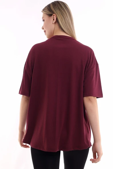 JAKARLI Unisex Pamuk Bisiklet Yaka Bordo Boyfriend Örme Oversize T-shirt - Resim 4