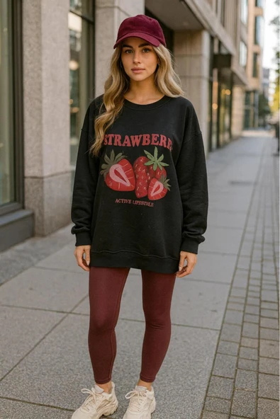 KOZİA OUTDOORS strawberry baskılı oversize kadın sweaşhirt - Resim 5