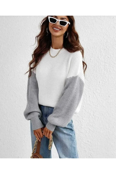 KOZİA OUTDOORS malkoçbey Kolu Renkli Selanik Örgü Bol Kesim Beyaz Kadın Kazak - Resim 3