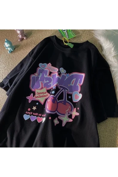 Favorim50ton Cartoon Cherry Siyah T-shirt ( Unisex ) ürün görseli