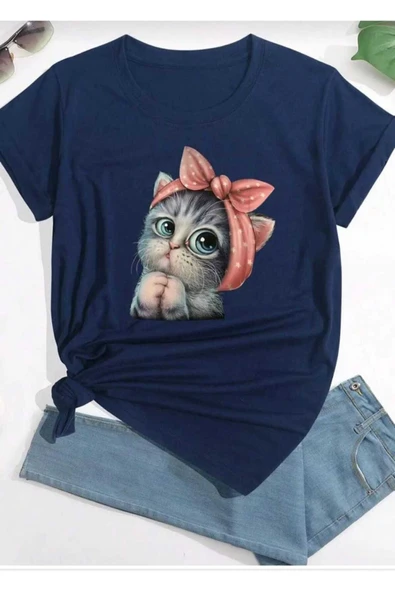 KOZİA OUTDOORS sevimli kedi baskılı oversize basic o yaka unisex t-şhirt - Resim 5