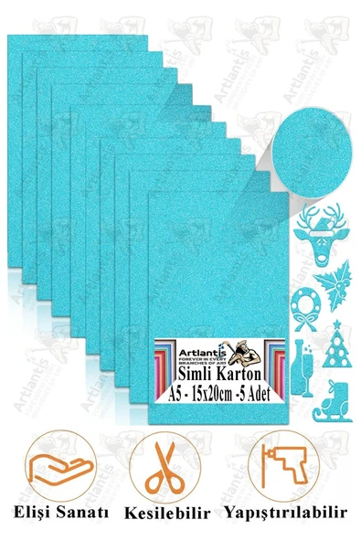 Simli Karton A5 15x20 cm 5 li 1 Paket Simli Fon Kartonu Parıltılı Kağıt Anasınıfı Kreş Etkinlik Proje Dekoratif ürün görseli 1