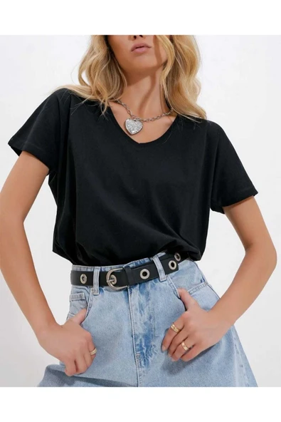 KOZİA OUTDOORS Pamuklu Oversize Basic V Yaka Unisex Tişört - Resim 2