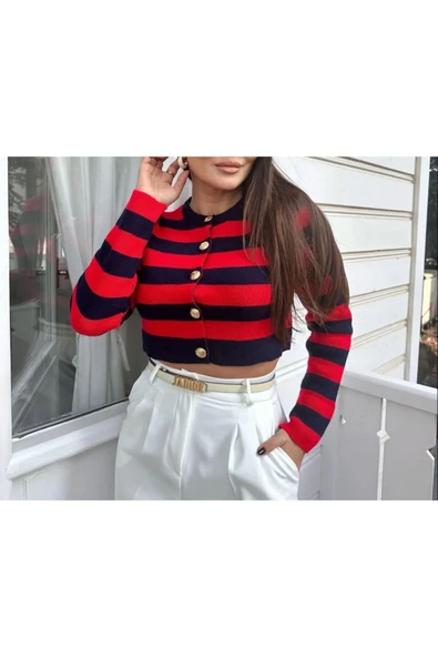 myfok Kadın Kırmızı Şeritli Bisiklet Yaka Gold Düğmeli Crop Triko Hırka - Resim 4