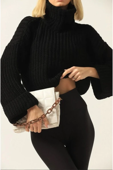 Stories Dier Moda Kadın Gri Balıkçı Yaka Crop Triko Kazak - Resim 4