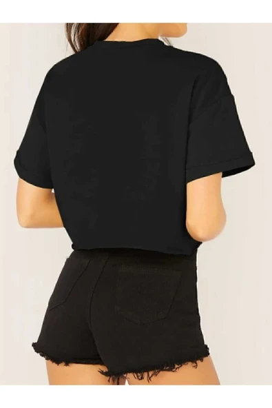 Seyyar Crop Bisiklet Yaka Örme T-shirt - Resim 4