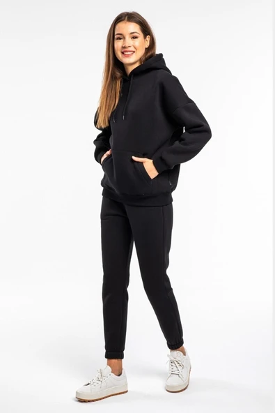 Vengeance Outlet Kapşonlu Kadın Siyah Renkli 2 Iplik Polarlı Eşofman Takımı - Resim 2