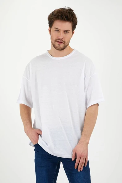 JAKARLI Unisex Pamuklu Bisiklet Yaka Beyaz Oversize T-shirt - Resim 7