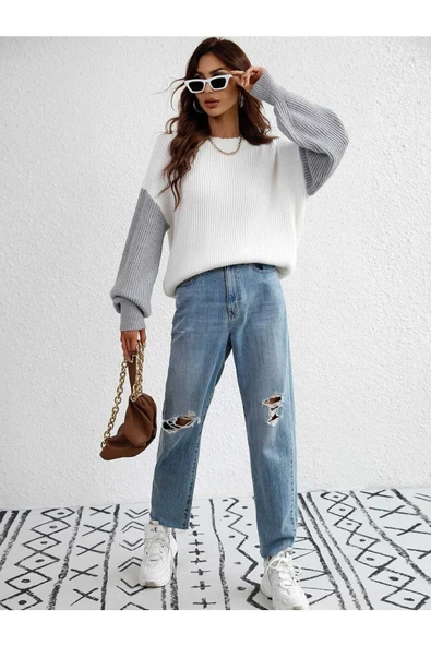 Malerind Kolu Renkli Selanik Örgü Oversize Beyaz Kadın Kazak Bluz - Resim 6