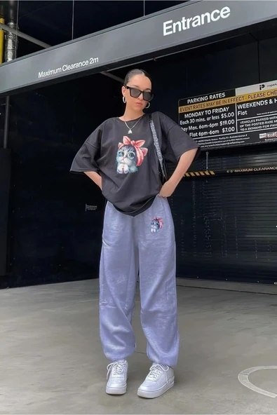 Modern Moda Sevimli Kedi Siyah T-Shirt Gri Eşofman Altı Jogger - Alt Üst Eşofman Takımı Bisiklet Yaka - Resim 2