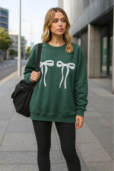 KOZİA OUTDOORS kurdela baskılı kadın bisiklet yaka basic swaetşhirt - Resim 3