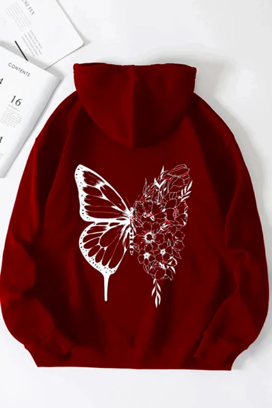 BOHEMGİYİM Kadın Oversize Çicekli Kelebek Siyah Sweatshirt - Resim 2