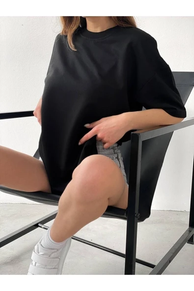 JAKARLI ON THE LİFE Unisex Pamuk Siyah Bisiklet Yaka Oversize Boyfriend T-shirt - Resim 4