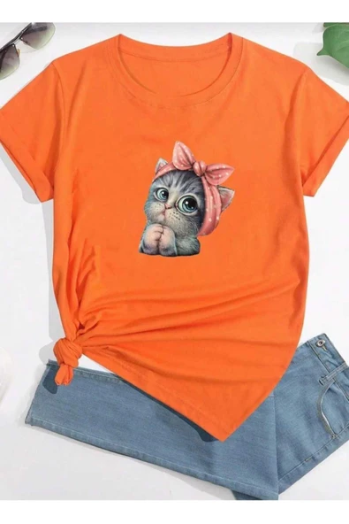 KOZİA OUTDOORS sevimli kedi baskılı oversize basic o yaka unisex t-şhirt - Resim 2