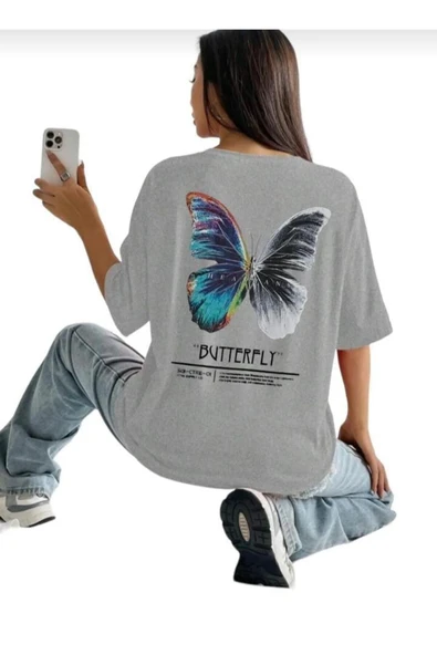 KOZİA OUTDOORS kadın butterfly baskılı bisiklet yaka tişört - Resim 6