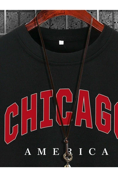 blackbonds Siyah Unisex Chicago America Baskılı Oversize Sweatshirt - Resim 4