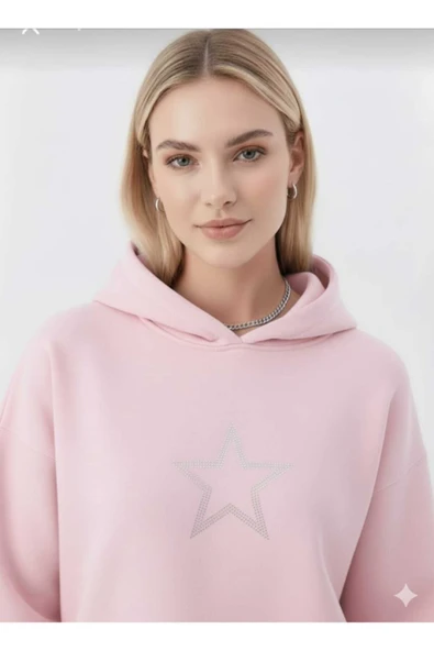 blackbonds 2 İplik Kalın Şardonlu Yıldız Taş Baskılı Oversize Hoodie - Resim 5