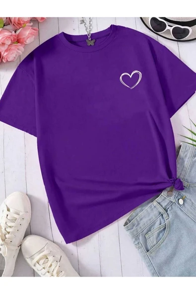 KOZİA OUTDOORS Kalp Baskılı Oversize Unisex Pamuklu Basic Tişört ürün görseli