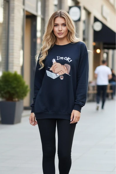 KOZİA OUTDOORS I'M OK ! baskılı oversize kadın bisiklet yaka sweatşhirt - Resim 7