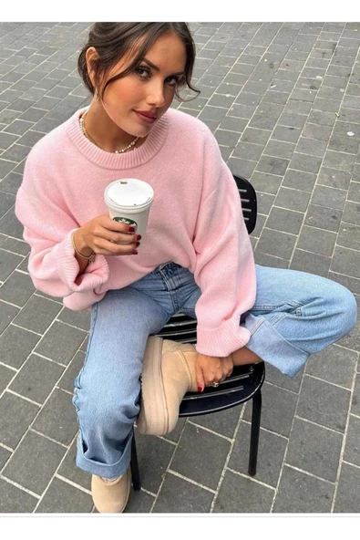 KOZİA OUTDOORS Rahat Kalıp Bisiklet Yaka Kadın Triko Kazak Pembe Oversize Basic Model ürün görseli