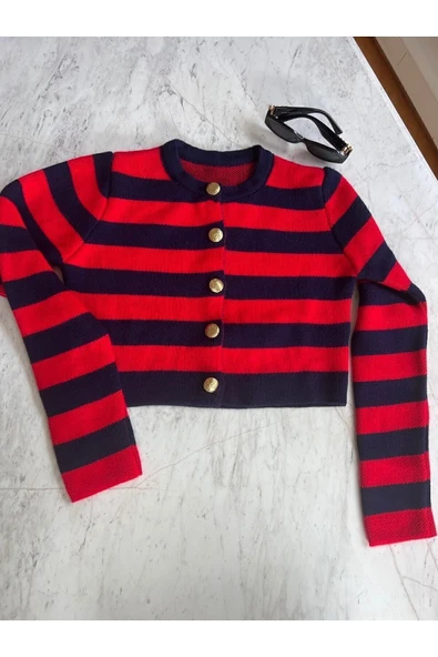 Bolesa Suadiye Triko Şeritli Kısa Hırka - Resim 3