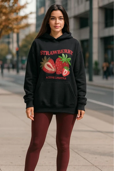 KOZİA OUTDOORS strawberry kapüşonlu baskılı oversize kadın sweaşhirt - Resim 5