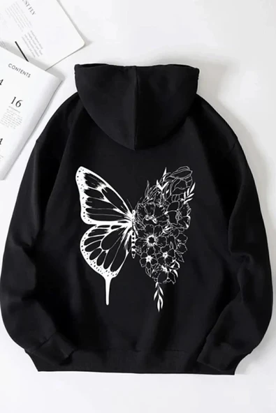 BOHEMGİYİM Kadın Oversize Çicekli Kelebek Siyah Sweatshirt - Resim 3