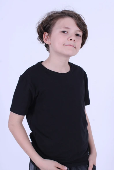 PANİO KİDS Düz Bisiklet Yaka %100 Pamuk Düz Unisex Çocuk Siyah T-shirt//bir Beden Büyük Alınız// - Resim 3