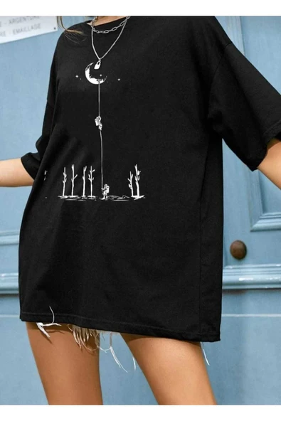 KOZİA OUTDOORS aya tırmanan astronot baskılı oversize basic o yaka unisex t-şhirt - Resim 5