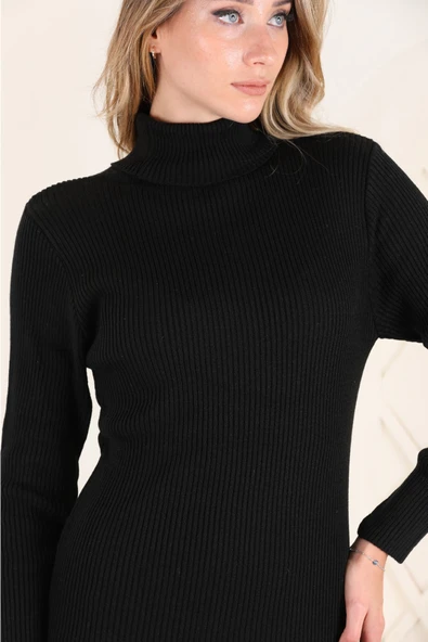 Zyn Zeyno Siyah Rengi 36 Beden Balıkçı Yaka Fitilli Triko Kalem Elbise(SLİM-FİT İÇİN UYGUNDUR) 125'cm - Resim 3