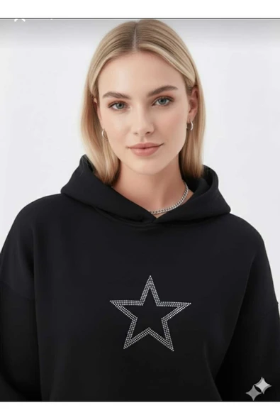 blackbonds 2 İplik Kalın Şardonlu Yıldız Taş Baskılı Oversize Hoodie - Resim 11