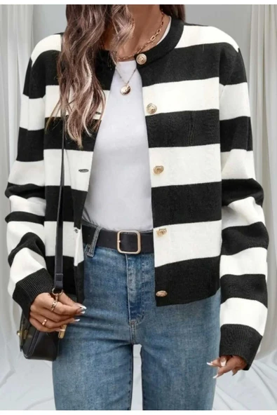 KOZİA OUTDOORS malkoçbey Siyah triko Şeritli crop  Hırka ürün görseli