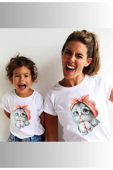 MATK MODASI Anne ve Kız Şirin kedi Baskılı Tshirt (KOMBİN YAPMAK İÇİN 2 ÜRÜN EKLEYİN), trend moda tişört - Resim 2