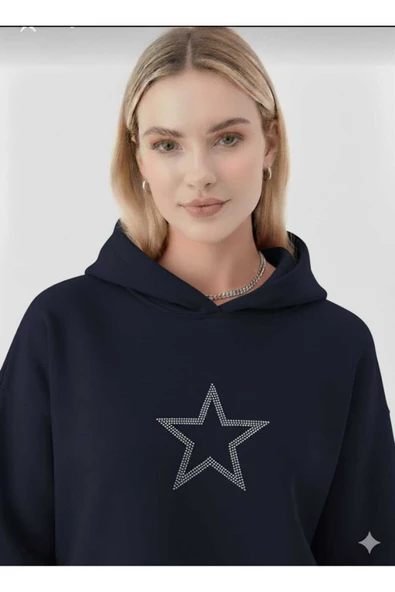 blackbonds 2 İplik Kalın Şardonlu Yıldız Taş Baskılı Oversize Hoodie - Resim 2