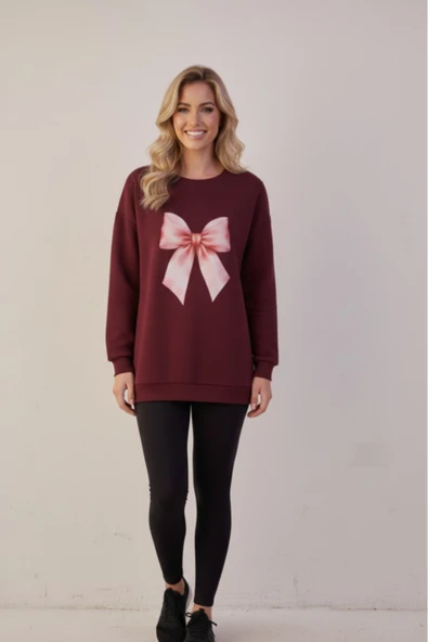 KOZİA OUTDOORS bisiklet yaka kadın fiyonk figürlü kadın oversize sweatshrt - Resim 9