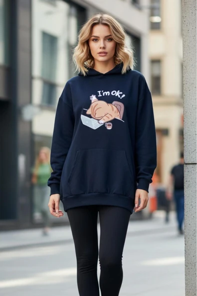 KOZİA OUTDOORS I'M OK ! baskılı oversize kadın bisiklet yaka sweatşhirt - Resim 6