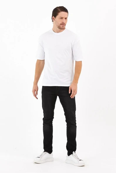 JAKARLI Unisex Pamuklu Bisiklet Yaka Beyaz Oversize T-shirt - Resim 3