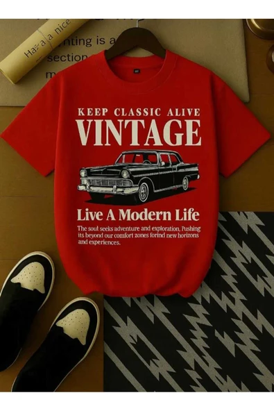 KOZİA OUTDOORS MALKOCBEY VİNTAGE ARABA BASKILI OVERSİZE BASİC O YAKA T-ŞHİRT - Resim 3
